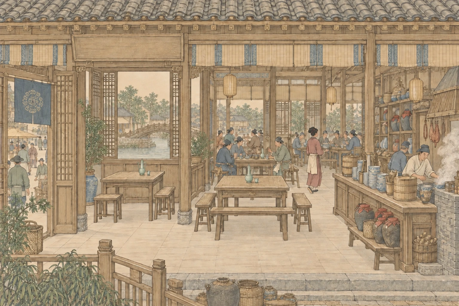 淡彩线描的宋代酒肆：左侧临河窗席，中间堂中食桌，右侧备餐柜台，伙计与食客在木构店堂中忙碌